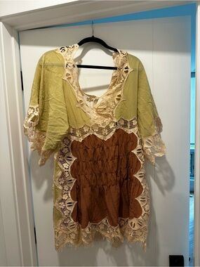 Chloe Boho Olive Green and Brown Mini Dress with Cream Lace